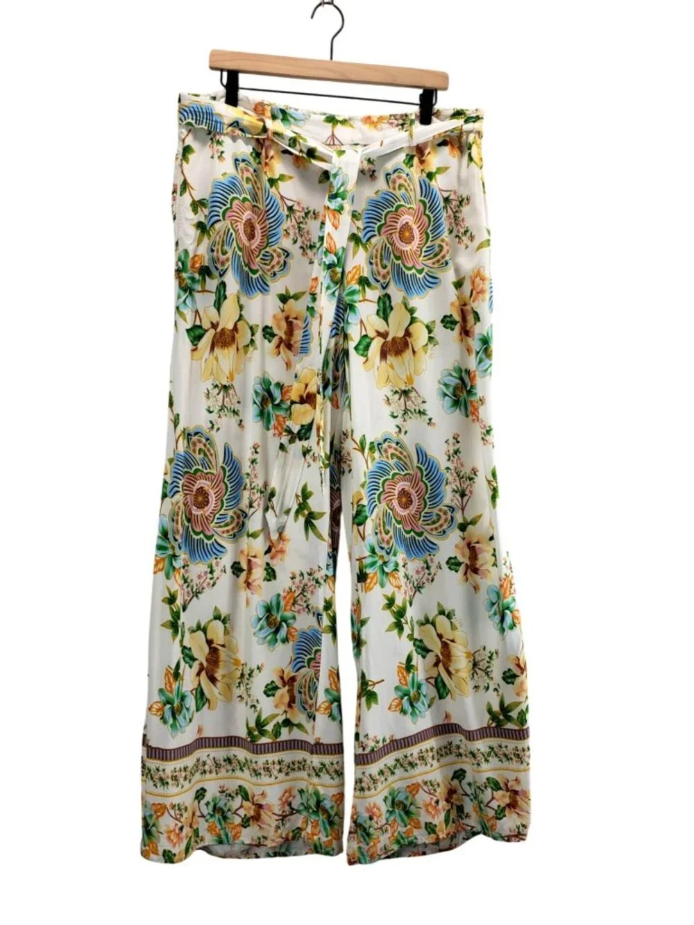 Boho Pants Floral Wide Leg XL CATO Palazzo Scarf Belt Festival Garden Party